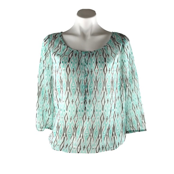 The Limited Shirt Womens Med Green Black Sheer Blouse Quarter Button 3/4 Sleeve - Picture 2 of 10